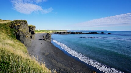 Wall Mural - Icelandic Coastal Beauty: Black Sand Beach and Dramatic Cliffs