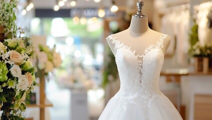 Elegant wedding dress displayed in a boutique surrounded by floral decor