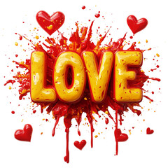 Wall Mural - A 3D rendering of the word LOVE in yellow and red paint splash with smaller hearts.