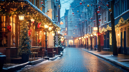 Naklejka na meble Winter holiday decorations illuminate a charming snow-covered street, enhancing the festive atmosphere of the evening