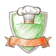 Hand-drawn chef hat on green shield with banner for cuisine emblem or logo