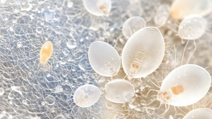 Microscopic view of dust mites in intricate web on fabric