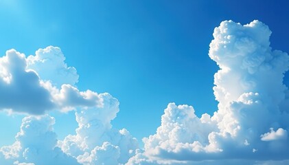 Summer sky, fluffy white cumulus clouds drift lazily across brilliant blue , white, sunny