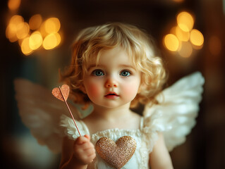 Wall Mural - Adorable Cupid Child Angel with wings, with heart-shaped object, for Valentine's Day