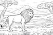© ikk - Lion coloring page, African landscape, mountain background, for kids, printable