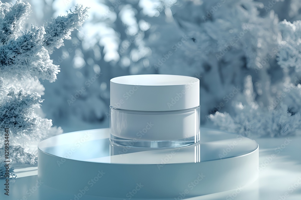 Container face cream on a circular glass podium with winter background ...