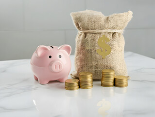 Pink piggy bank with a money bag and stacks of golden coins on a marble surface, symbolizing savings, financial growth, and wealth management in a clean minimalistic setting