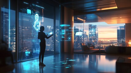 Wall Mural - person interacting with digital interface in modern urban setting