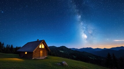 Wall Mural - a small cabin is on a hillside with a beautiful view of the mountains