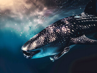 underwater close-up of a whale shark swimming with mouth open