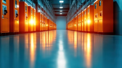 This dynamic image showcases an array of industrial control units illuminated by ambient light, emphasizing the synergy of technology and aesthetics in a modern setting.