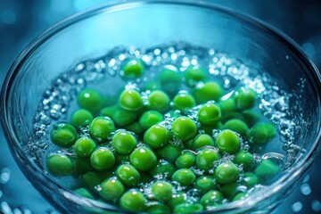 Fresh green peas soaking in sparkling water for a vibrant culinary preparation