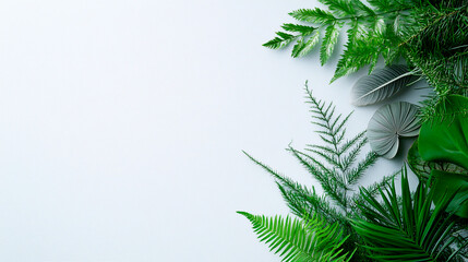 Wall Mural - White background with green leaves and a green leafy plant. Minimalistic background.