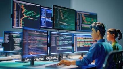Two cartoon programmers work collaboratively on multiple computer screens filled with lines of code.