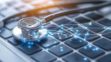 Fototapete - Stethoscope on computer keyboard symbolizing digital healthcare security, data encryption, and medical technology innovation in cybersecurity and telemedicine applications, Generative AI