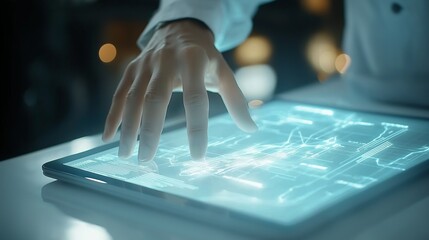 Poster - Human hand interacting with a futuristic holographic touchscreen, symbolizing technology, innovation, and digital transformation, Generative AI