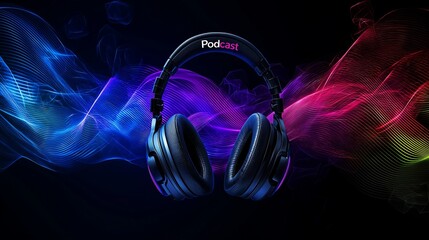 Poster - headphones with podcast branding, surrounded by glowing sound waves, symbolizing digital audio, entertainment, and immersive listening experiences, Generative AI