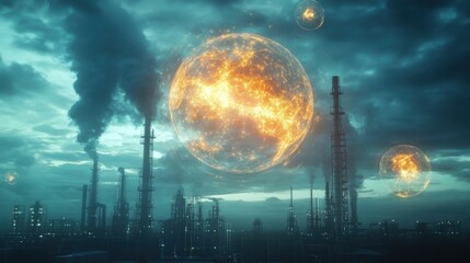 Wall Mural - futuristic industrial plant emitting smoke and pollution with energy spheres emerging from it under 