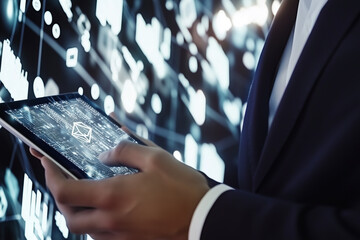 Close up of person in a business suit holding a tablet with business and computer code in the background