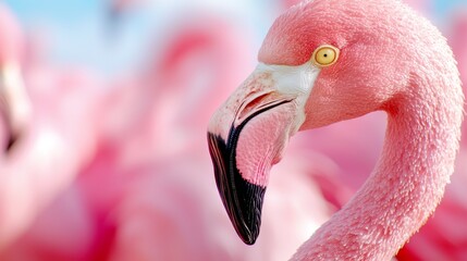 Wall Mural -  A close up of a pink flamingo's head with a blue sky in the background