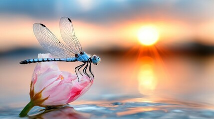 Poster - A dragonfly sitting on top of a pink flower in the water