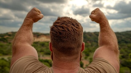 Poster - A man with his arms raised in the air