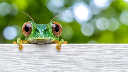 Poster - A green frog peeking over a white fence