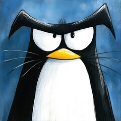 Poster -  a painting of a black and white penguin with a yellow beak against a blue background