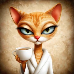 Wall Mural -  an animated cat wearing a white robe, holding a cup of coffee in its hand