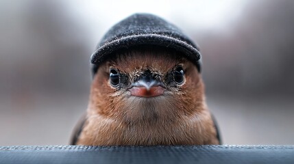 Poster -  a small bird with brown, black and cream feathers perched atop a black object, wearing a black hat The background is blurred, giving the bird a sense of focus and