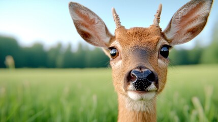 Poster -   a close up of a deer's face in a field, with a blurred background The deer is in focus, while the background is slightly blurred, giving the image a dreamy feel