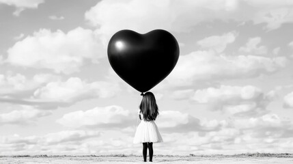 Poster -  a little girl standing on the ground, holding a large black heart-shaped balloon in her hand The sky behind her is filled with white, fluffy clouds, creating a pea