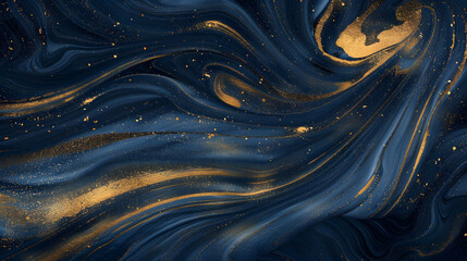 Wall Mural - liquid swirls in beautiful navy blue colors with gold powder, generative ai
