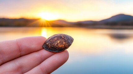 Poster -  a person holding a small rock in their hand, with a blurred background of water, hills, and sky with the sun shining brightly