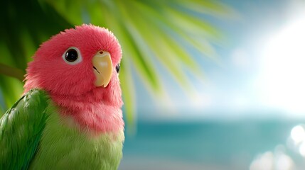 Wall Mural -  a pink and green lovebird perched atop a tree branch, with a blurred background of leaves