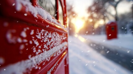 Poster -  a red post box covered in snow on the side of a road, surrounded by trees and a blurred sky in the background