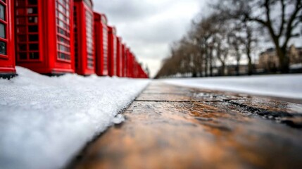 Poster -  a row of red telephone booths sitting on the side of a road covered in snow, with trees and buildings in the background and a cloudy sky above