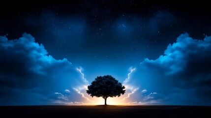 Poster -  a lone tree standing in the middle of a field at night, illuminated by the light of the moon and stars in the sky