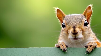 Poster -  a squirrel peeking over the edge of a green fence, with a blurred background