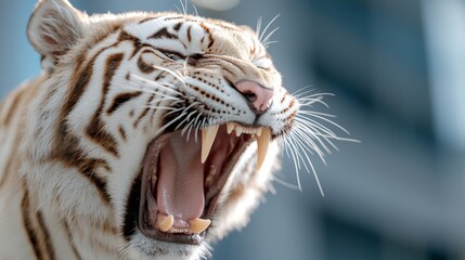 Wall Mural -  a close up of a white tiger with its mouth open, set against a blurred background