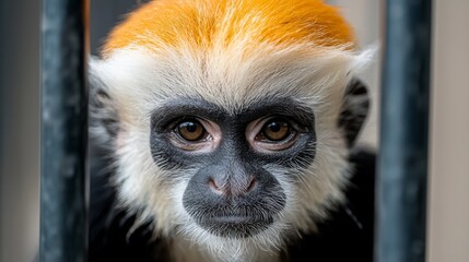 Wall Mural -  a close up of a monkey looking at the camera through a metal fence The monkey has a white and orange fur coat, and the background is slightly blurred