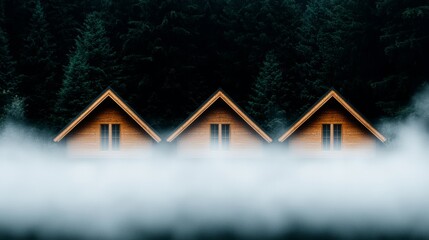 Poster -  three wooden cabins nestled in the middle of a foggy forest, with trees in the background The cabins have windows, giving the scene a peaceful and serene atmospher