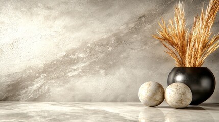 Poster -  a black vase filled with dry grass sitting on top of a table next to three eggs The background of the image is a wall