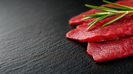 Poster -  a piece of raw beef steak with rosemary sprigs on a black surface, providing a vivid contrast between the dark background and the bright red of the steak The steak