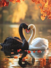 Poster -  two black and white swans swimming in the water surrounded by autumn leaves The leaves are a mix of red, orange, and yellow, creating a beautiful contrast with the