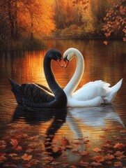 Poster -  two black and white swans swimming in the water surrounded by autumn leaves and trees in the background