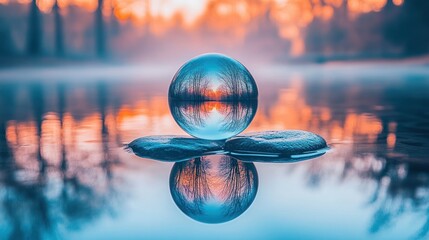 Poster - Crystal ball sunrise reflection, calm lake, misty forest