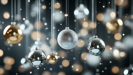 Silver and gold Christmas baubles hanging against a bokeh background.