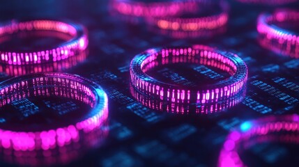 Glowing rings on digital surface.