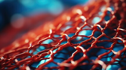 Close-Up of Red Woven Wire Mesh with Blue Bokeh Background for Abstract and Industrial Design Concepts